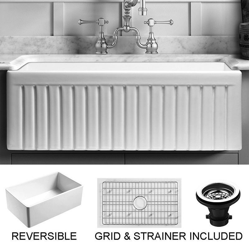 KAHNOS 30 33 Inch White Black Apron Front Under Mount Furniture Ceramic Bowl Porcelain Farmhouse Undermount Kitchen Sink