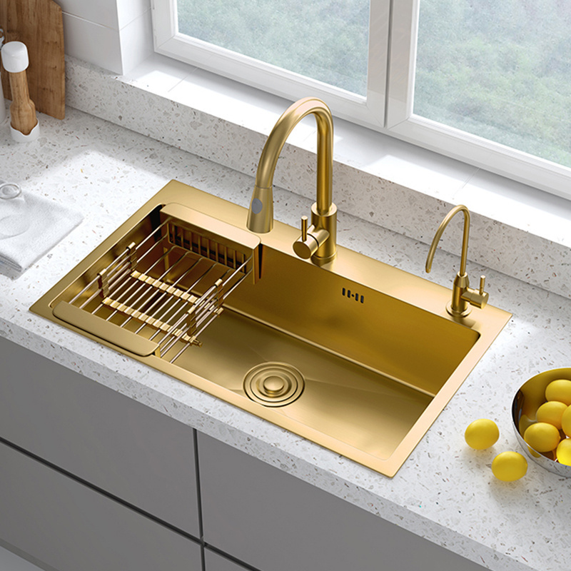 Single Handle Pull down Faucet Kitchen Sink Gold Single Bowl Undermount Luxury 304 Stainless Steel Modern Sink Kitchen