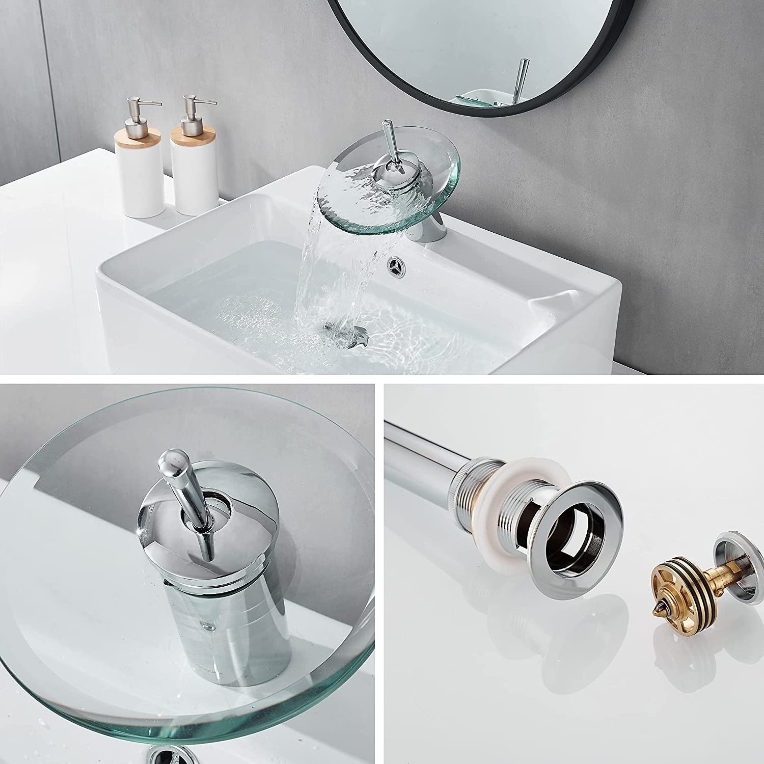 KAHNOS Glass Bathroom Sink Round Single Lever Hot And Cold Mixer Tap Waterfall Faucet Brass Chrome Basin Mixer Wash Basin Faucet