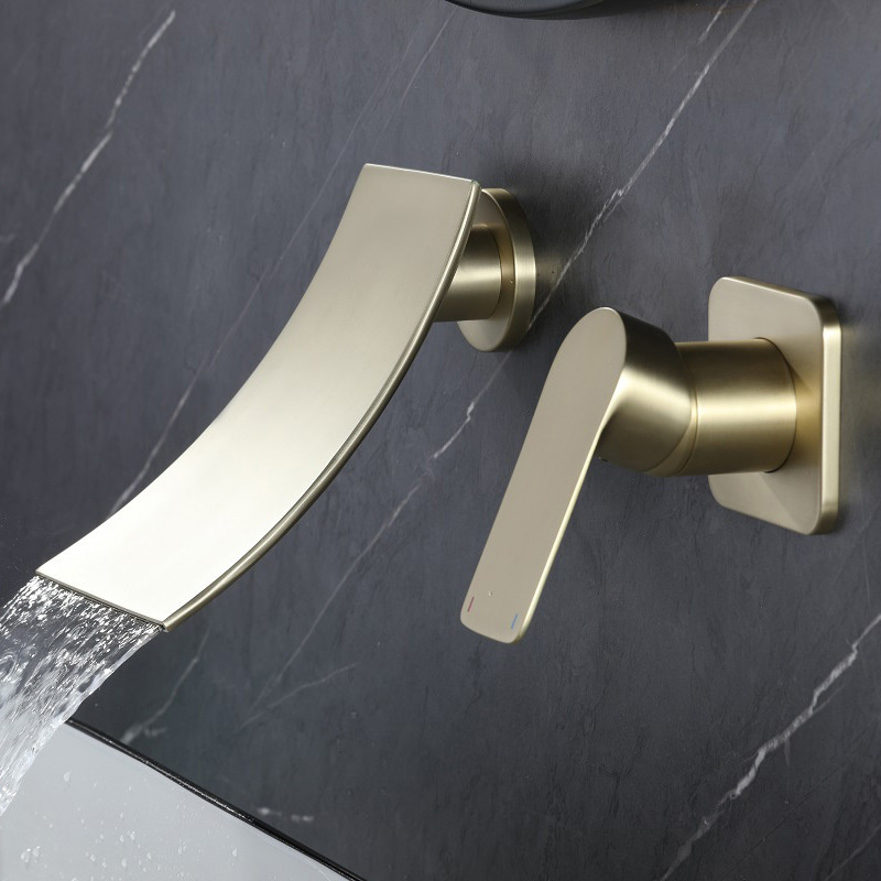 Ceramic Cartridge Single Lever Mixer Tap Faucet Wall Mounted Gold Waterfall Basin Faucet