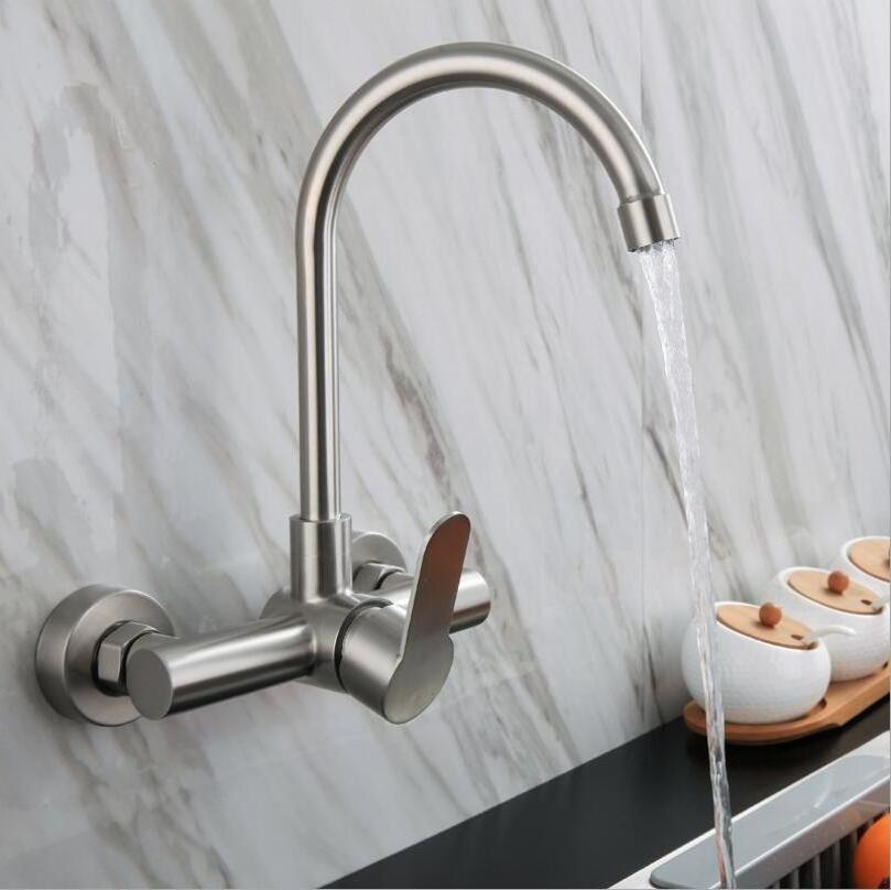 Modern Quality Wall Mounted Solid Mixer Sink Water Tap Kitchen Faucet Two Lever for Kitchen