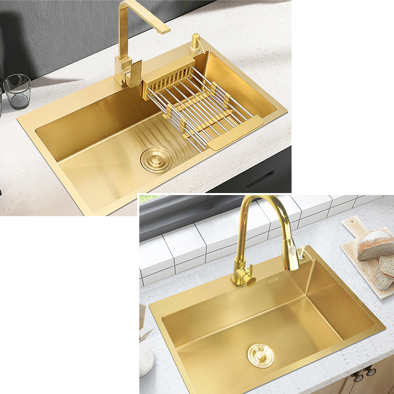 Single Handle Pull down Faucet Kitchen Sink Gold Single Bowl Undermount Luxury 304 Stainless Steel Modern Sink Kitchen