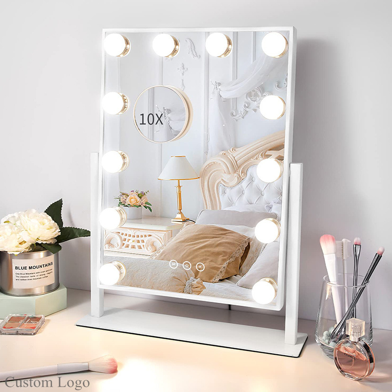 Luxury bathroom vanity table makeup led mirror touch sensor switch make up hollywood mirror with led light bulbs