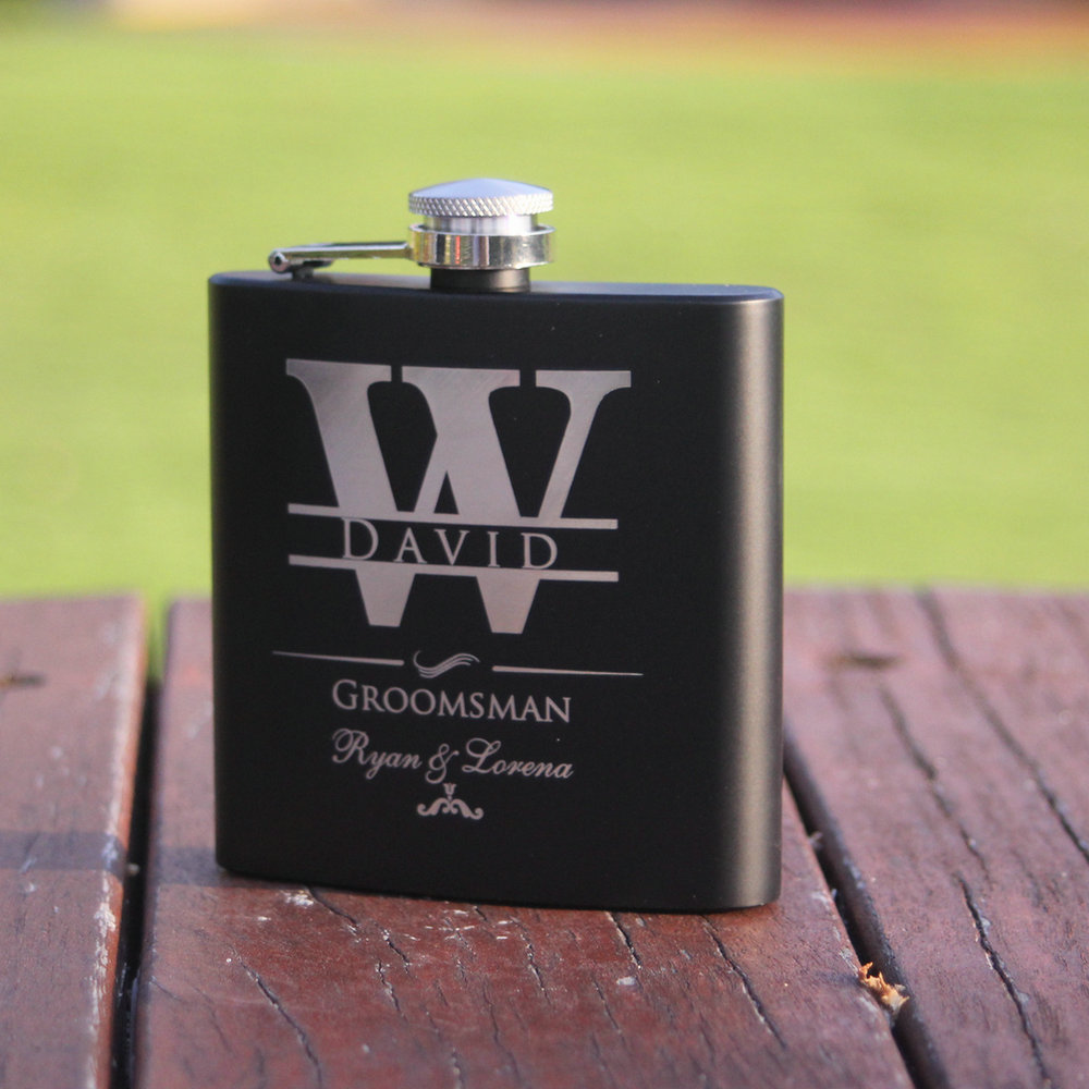 Personalized matte black 6 OZ stainless steel hip flask set-custom engraved groomsmen,best man,groom gift flask for wedding