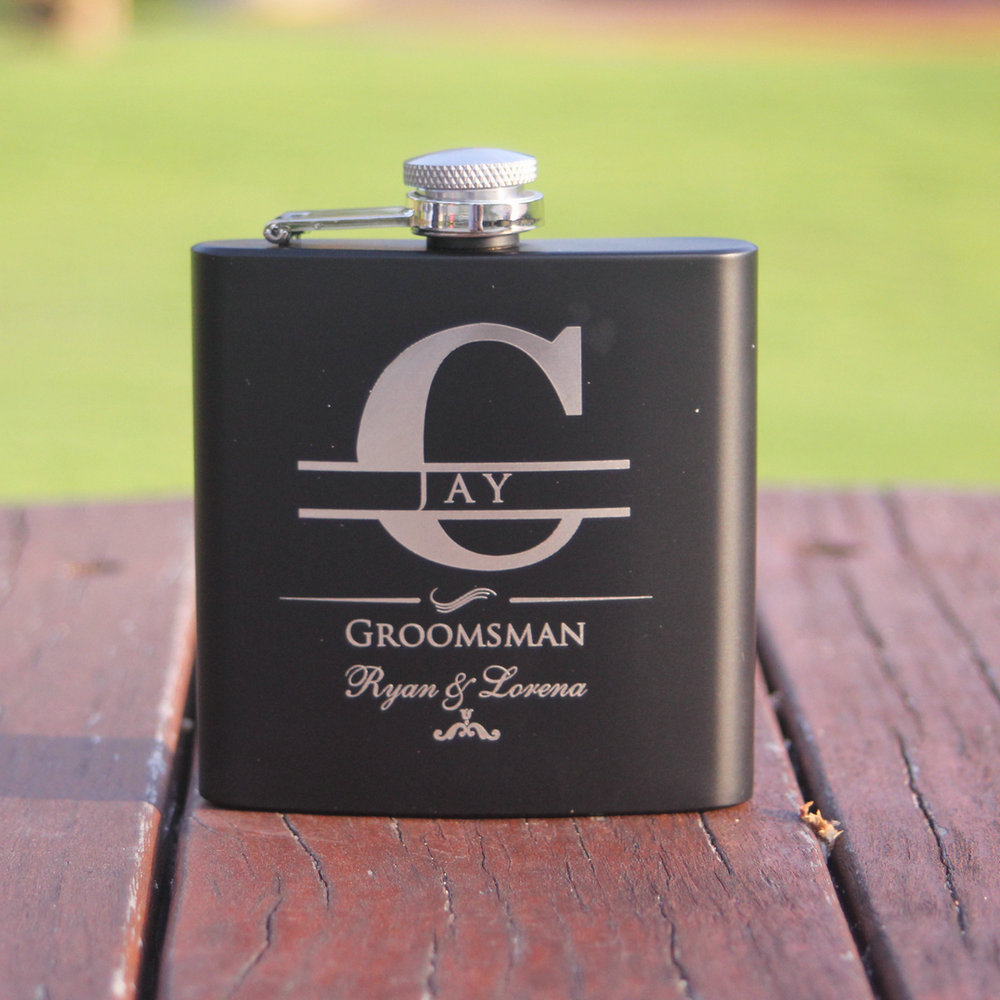 Personalized matte black 6 OZ stainless steel hip flask set-custom engraved groomsmen,best man,groom gift flask for wedding