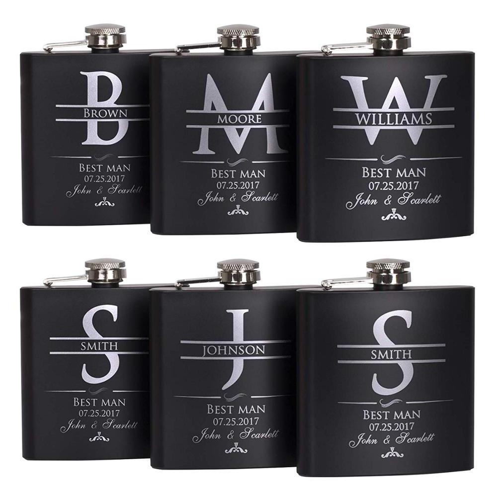 Personalized matte black 6 OZ stainless steel hip flask set-custom engraved groomsmen,best man,groom gift flask for wedding