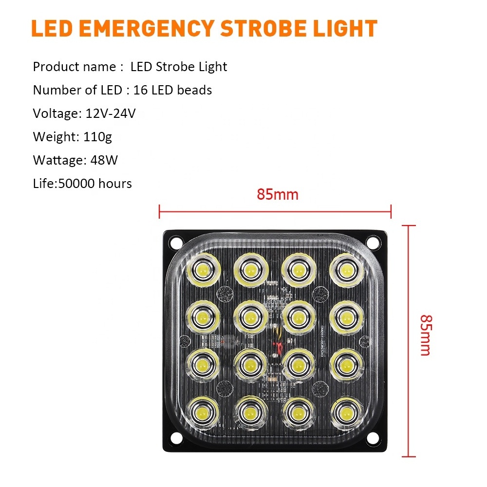 Universal Car 48W 16Led Red White Emergency Warning Lamp Signal Flash Truck Led Strobe Tail Light Square