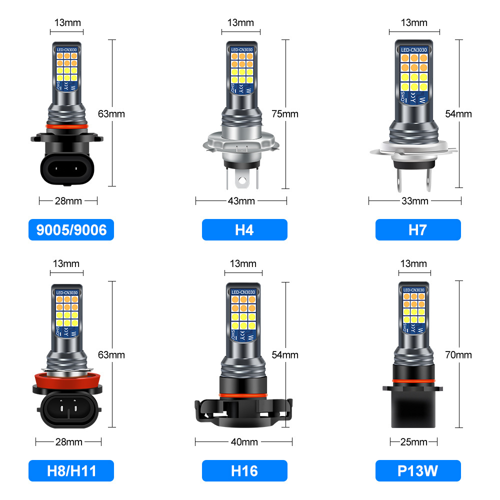 Top sell Dual Colors H7 H4 H16 H11 P13W 9005 9006 33smd 3030 LED Auto Fog Lamp Car Anti Fog Light Bulb