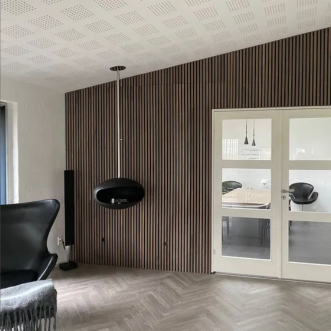 Oak Wood Wall Decor with Sound-Absorbing MDF Walnut Music Studio Acoustic Paneling for Interior Sound Control