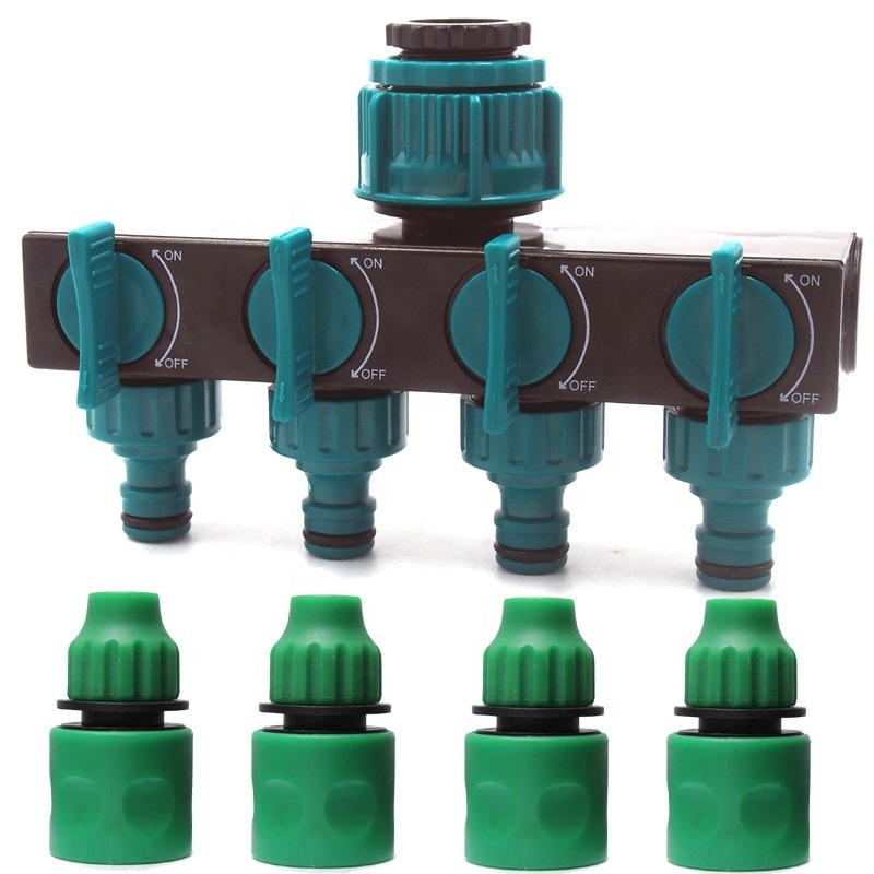 Garden Watering Drip Irrigation 4-way Tap Hose Splitter for 4/7mm Hose w/ 4 Fittings Pipe Quick Connectors for Greenhouse