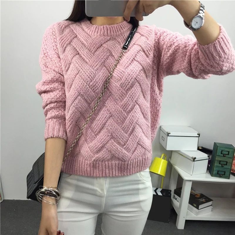 Winter O-neck Women's Sweater Jersey Woman Mohair Knitted Twisted Thick Warm Lady's Pullover 2020 College Jumper Women Pink Gray