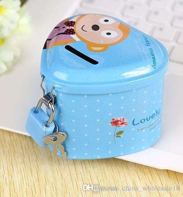 heart shape iron Cartoon piggy bank saving Coin Money Boxes with lock birthday Christmas new year gifts toy for Children