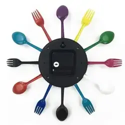 Free Shipping Cutlery Design Wall Clock Metal Colorful Knife Fork Spoon Kitchen Clocks Creative Modern Home Decor Antique Style