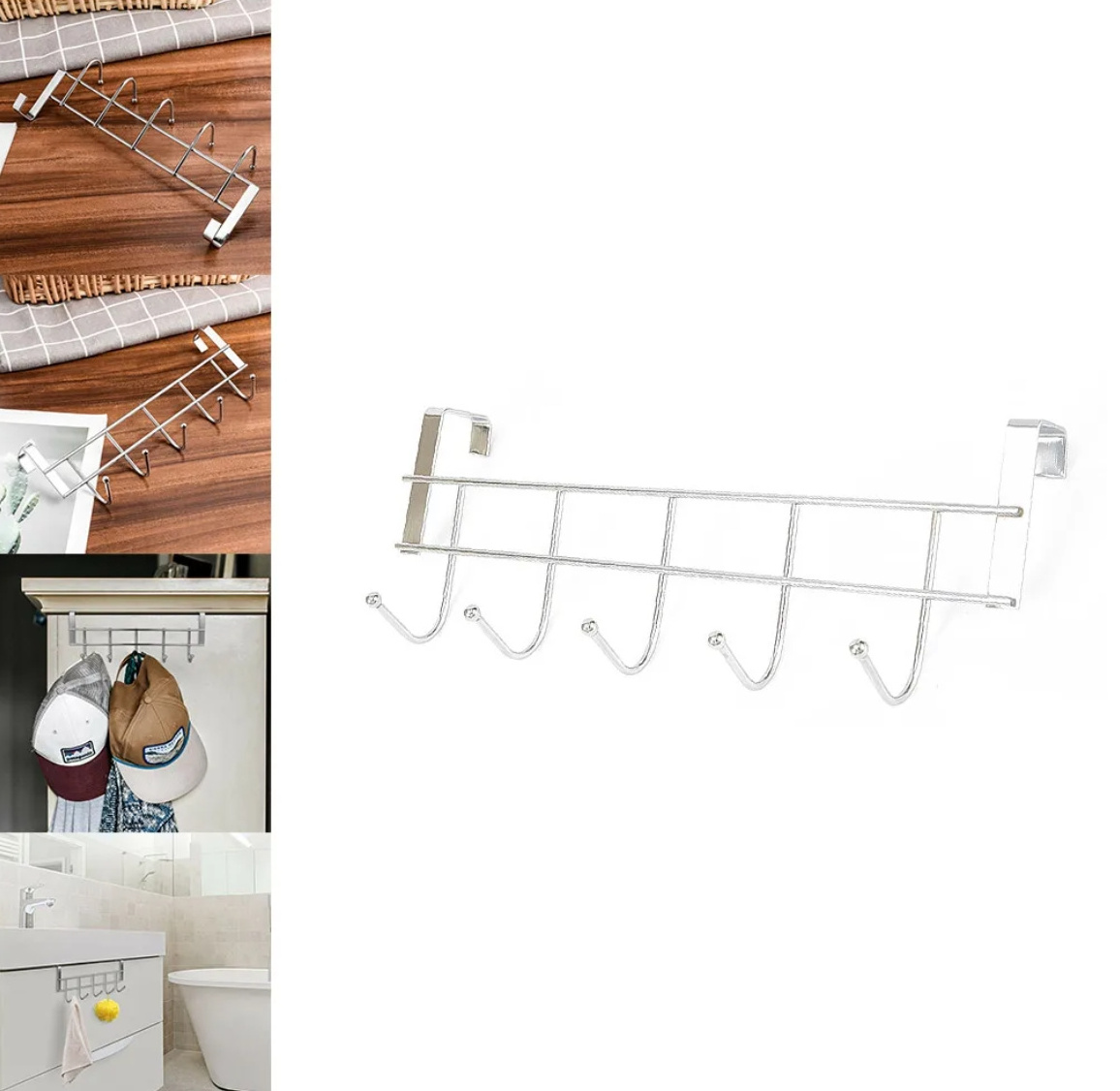 5 Hooks Over The Door Hooks Stainless Steel Hanger Clothes Towel Storage Holder Bathroom Organizer Rack Clothes Coat Hat Hanger