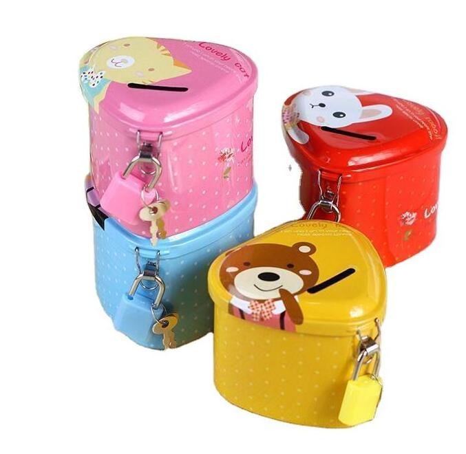 heart shape iron Cartoon piggy bank saving Coin Money Boxes with lock birthday Christmas new year gifts toy for Children