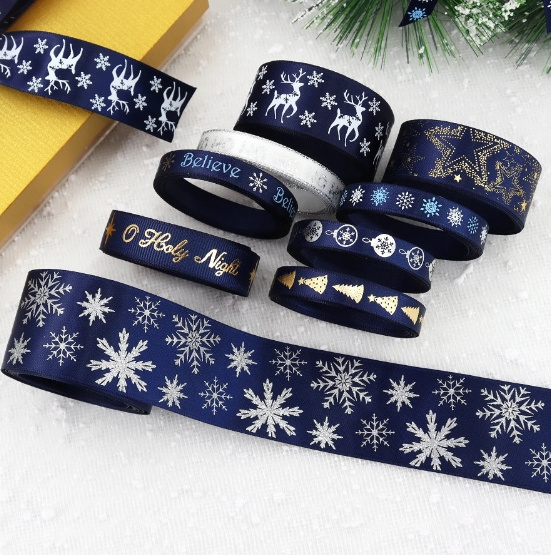 Navy Blue Christmas Ribbon,Holiday Printed Grosgrain Satin Ribbon, Christmas Ribbon Bows for Wreaths,Gift Wrapping,Sewing