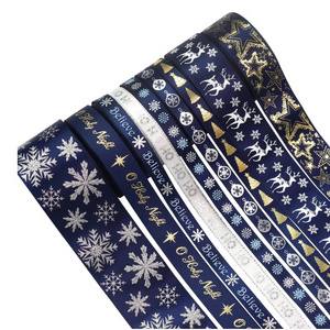 Navy Blue Christmas Ribbon,Holiday Printed Grosgrain Satin Ribbon, Christmas Ribbon Bows for Wreaths,Gift Wrapping,Sewing