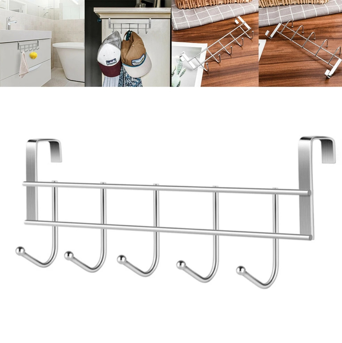 5 Hooks Over The Door Hooks Stainless Steel Hanger Clothes Towel Storage Holder Bathroom Organizer Rack Clothes Coat Hat Hanger