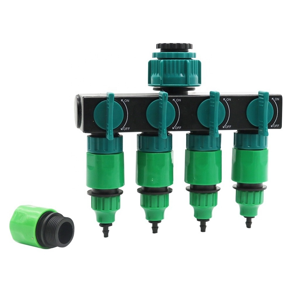 Garden Watering Drip Irrigation 4-way Tap Hose Splitter for 4/7mm Hose w/ 4 Fittings Pipe Quick Connectors for Greenhouse