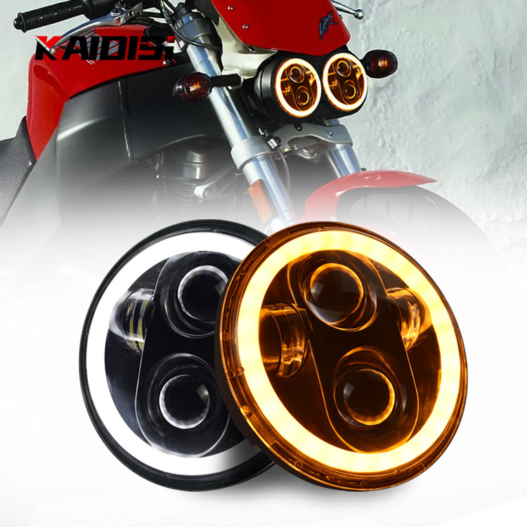 5.75 Inch 40W LED Projector Motorcycle Headlight with White Halo Ring Angel Eyes+Amber Turn Sign Daytime Running Light