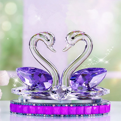 Purple  Crystal Glass Swan Couple Figurines Custom Crystal Swan For Wedding Souvenirs