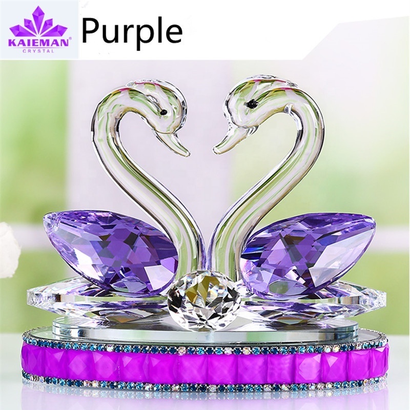 Purple  Crystal Glass Swan Couple Figurines Custom Crystal Swan For Wedding Souvenirs