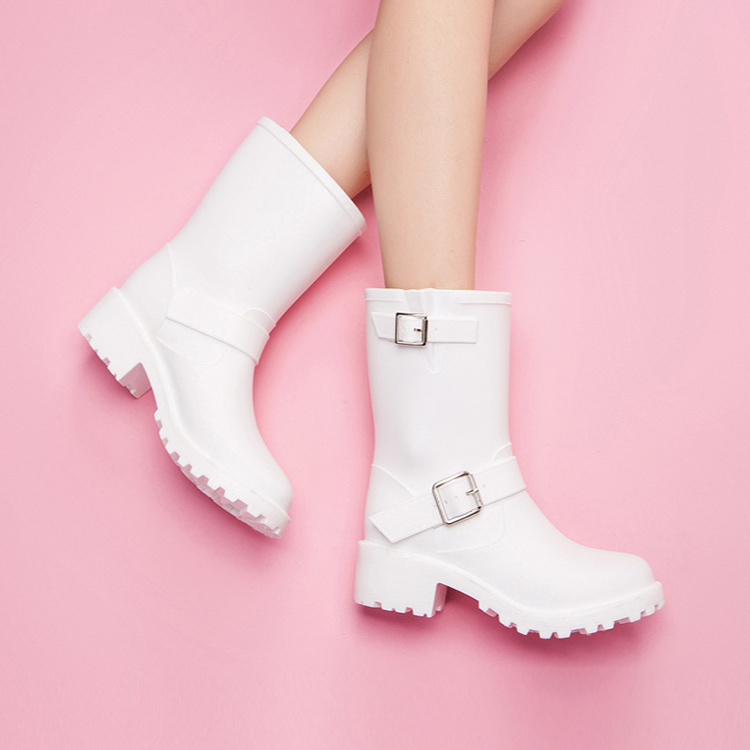 Fashion Buckle Anti Slip Ladies Short Wellies Wellington Boots Womens Waterproof Rubber