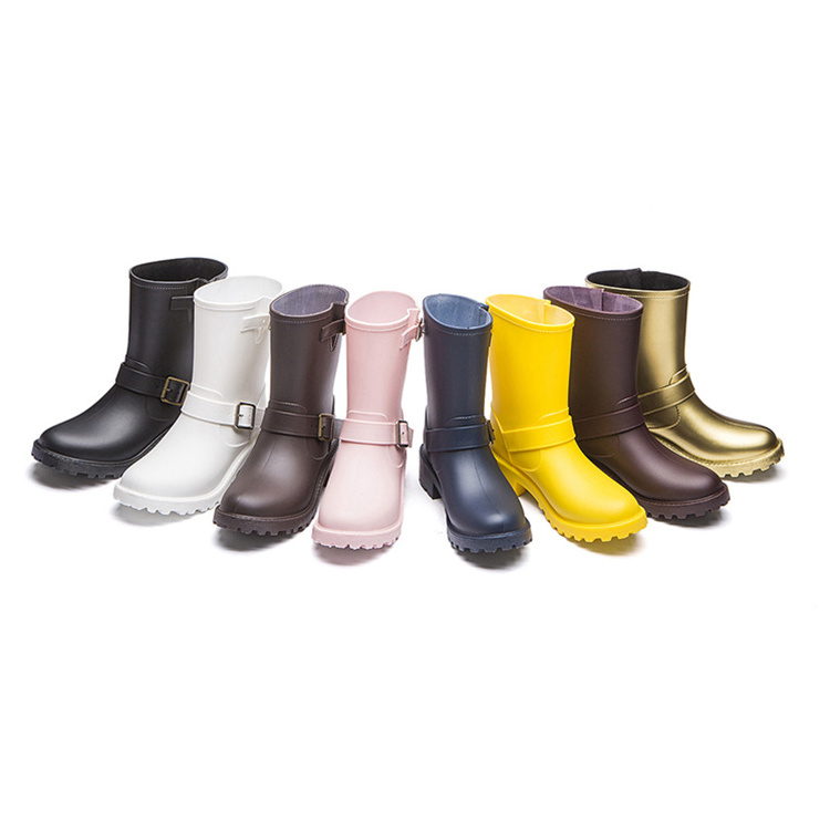 Fashion Buckle Anti Slip Ladies Short Wellies Wellington Boots Womens Waterproof Rubber