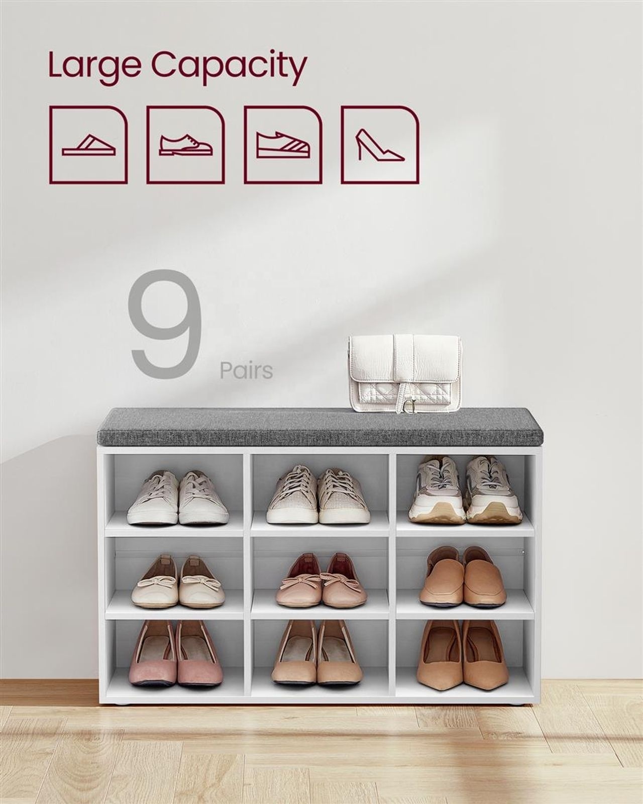 Customized  Hallway Living Room White Wooden Shoe Rack Cabinet with Multi-functional shelves  and Cushion