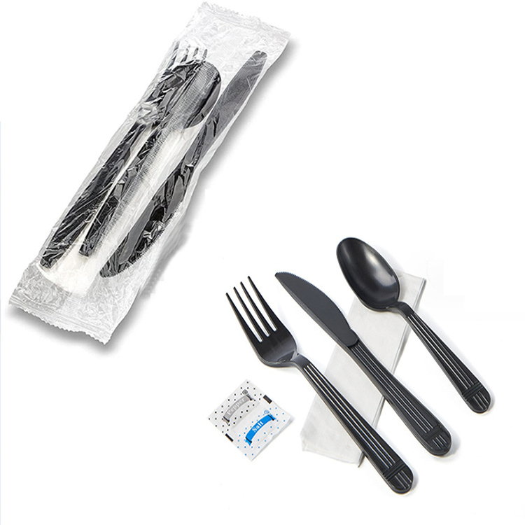 ps disposable plastic Custom Forks and Spoon Knife Kit Wrapped Camping With Napkin Salt Pepper