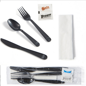 ps disposable plastic Custom Forks and Spoon Knife Kit Wrapped Camping With Napkin Salt Pepper