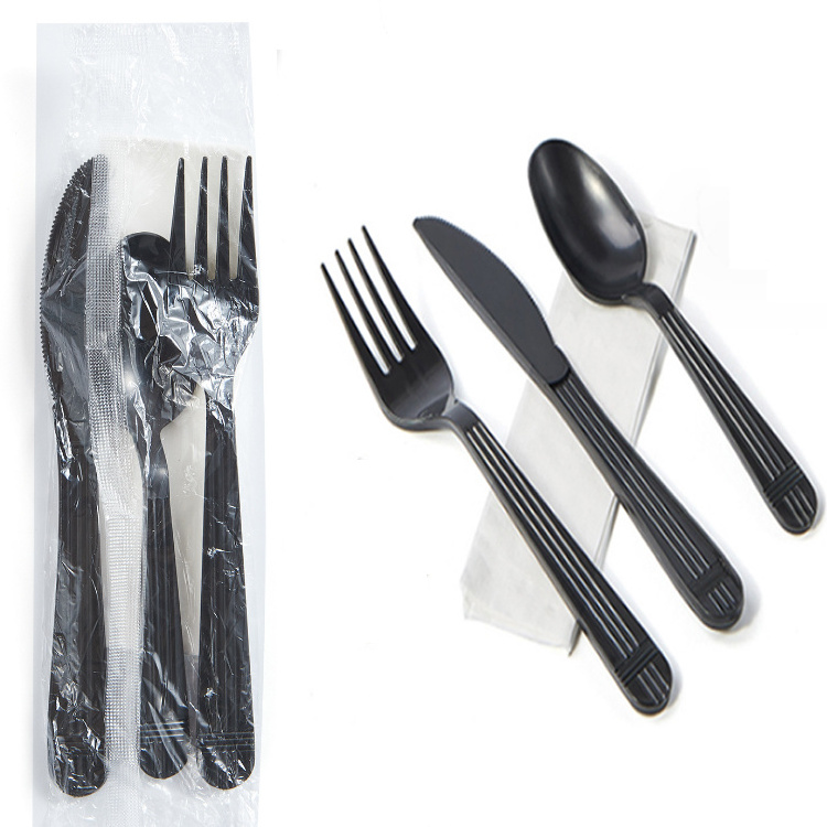 ps disposable plastic Custom Forks and Spoon Knife Kit Wrapped Camping With Napkin Salt Pepper