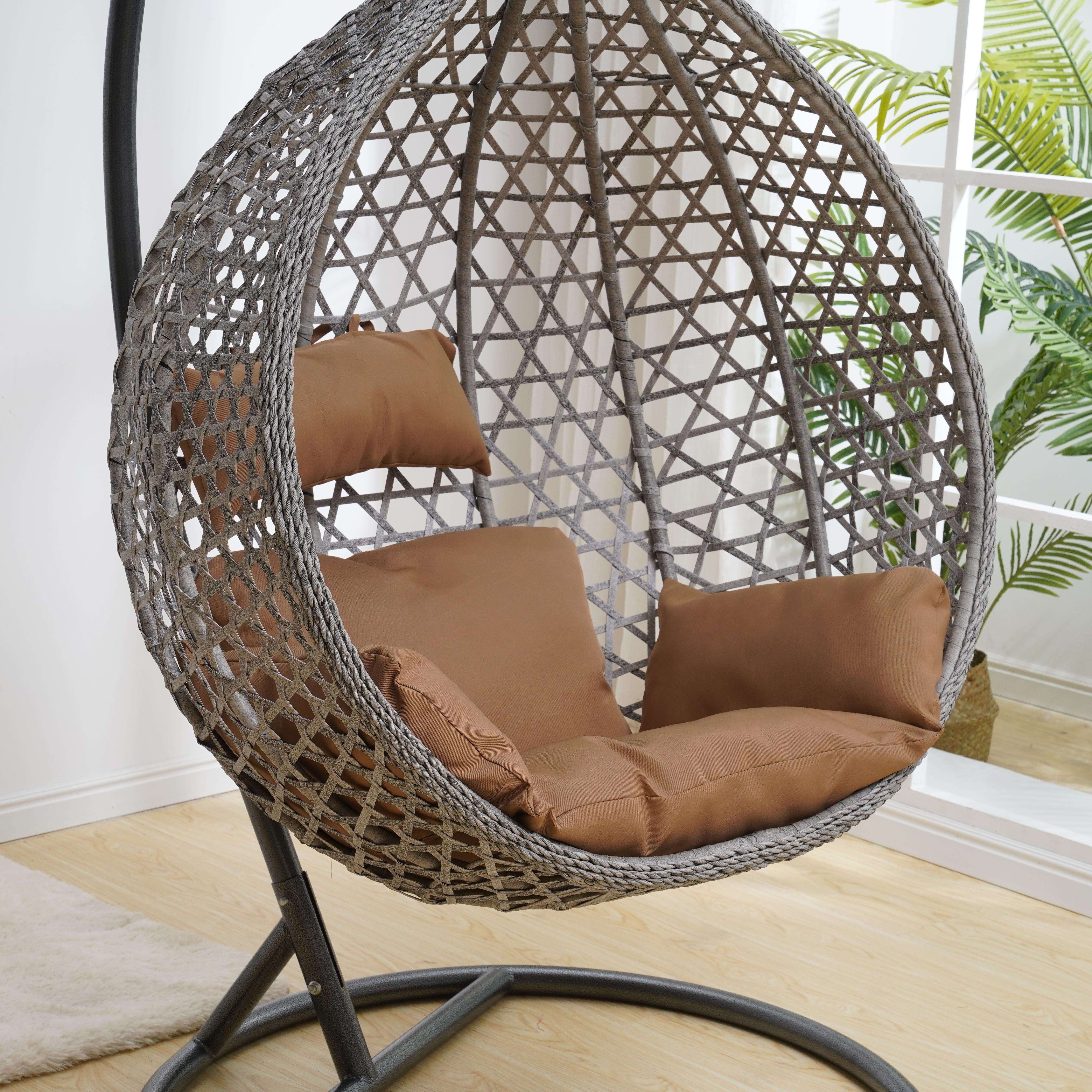 Modern Steel Tube Cover PE Rattan Frame Big Cushion Round Basket Patio Indoor Swings Swing Chair And Stand