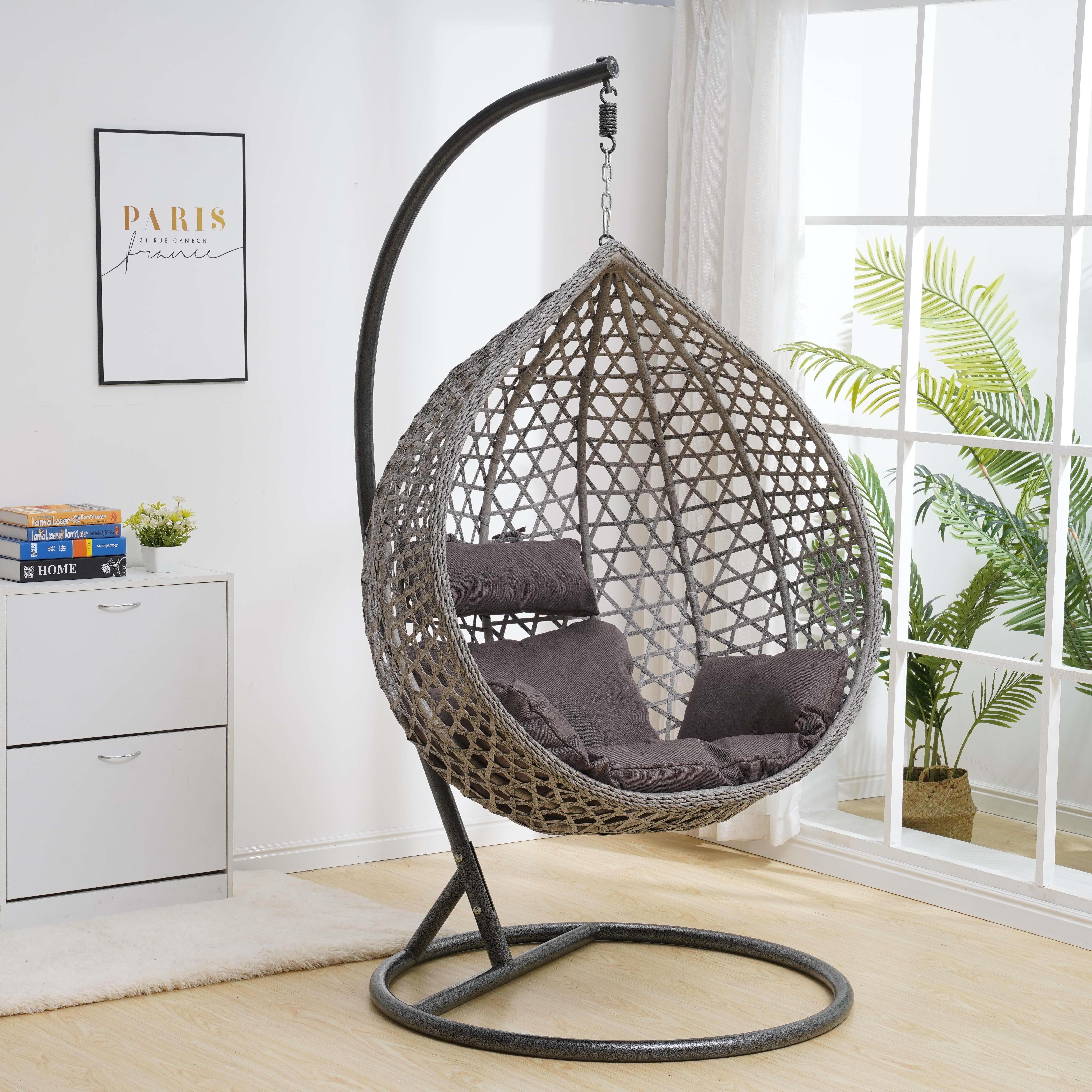 Modern Steel Tube Cover PE Rattan Frame Big Cushion Round Basket Patio Indoor Swings Swing Chair And Stand