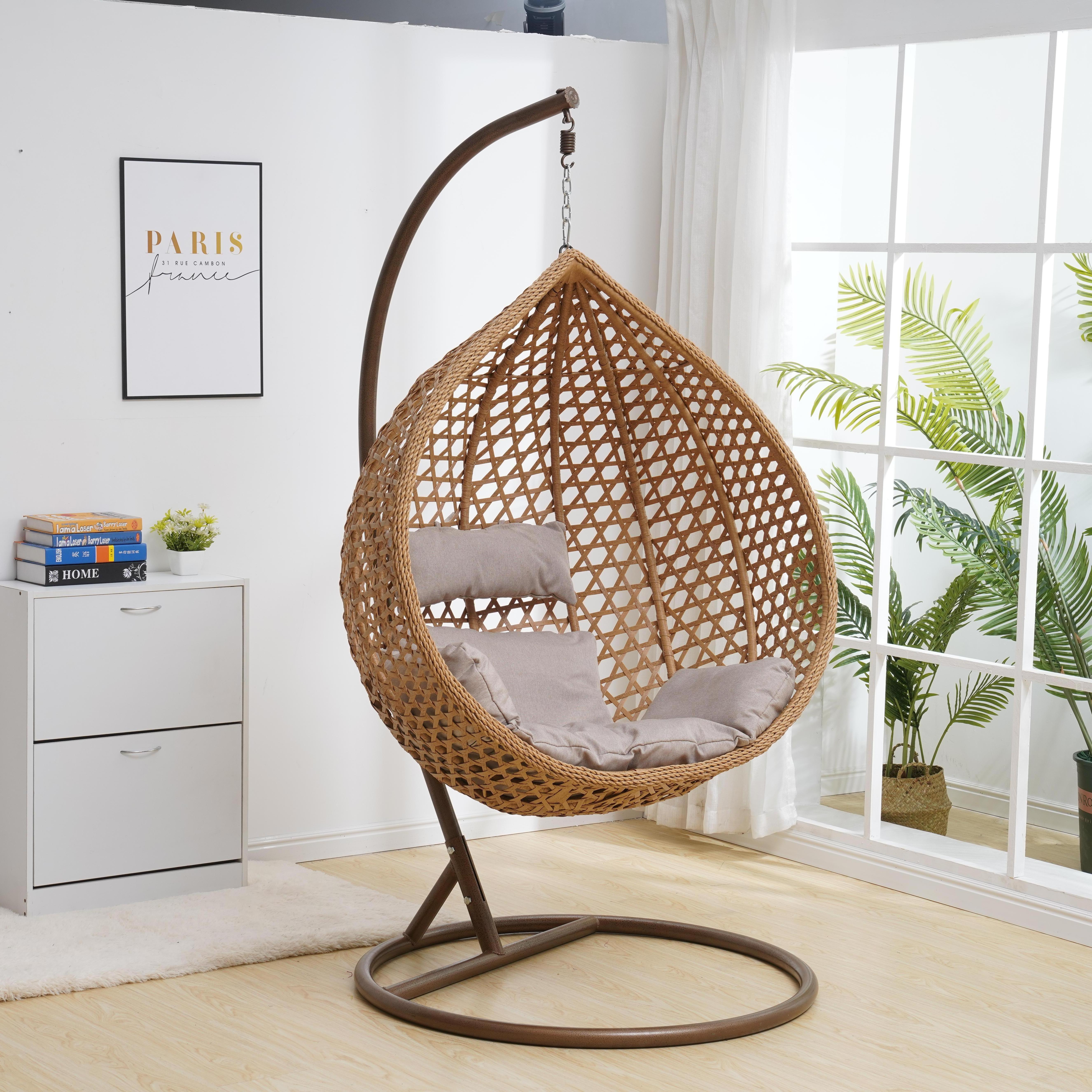 Modern Steel Tube Cover PE Rattan Frame Big Cushion Round Basket Patio Indoor Swings Swing Chair And Stand