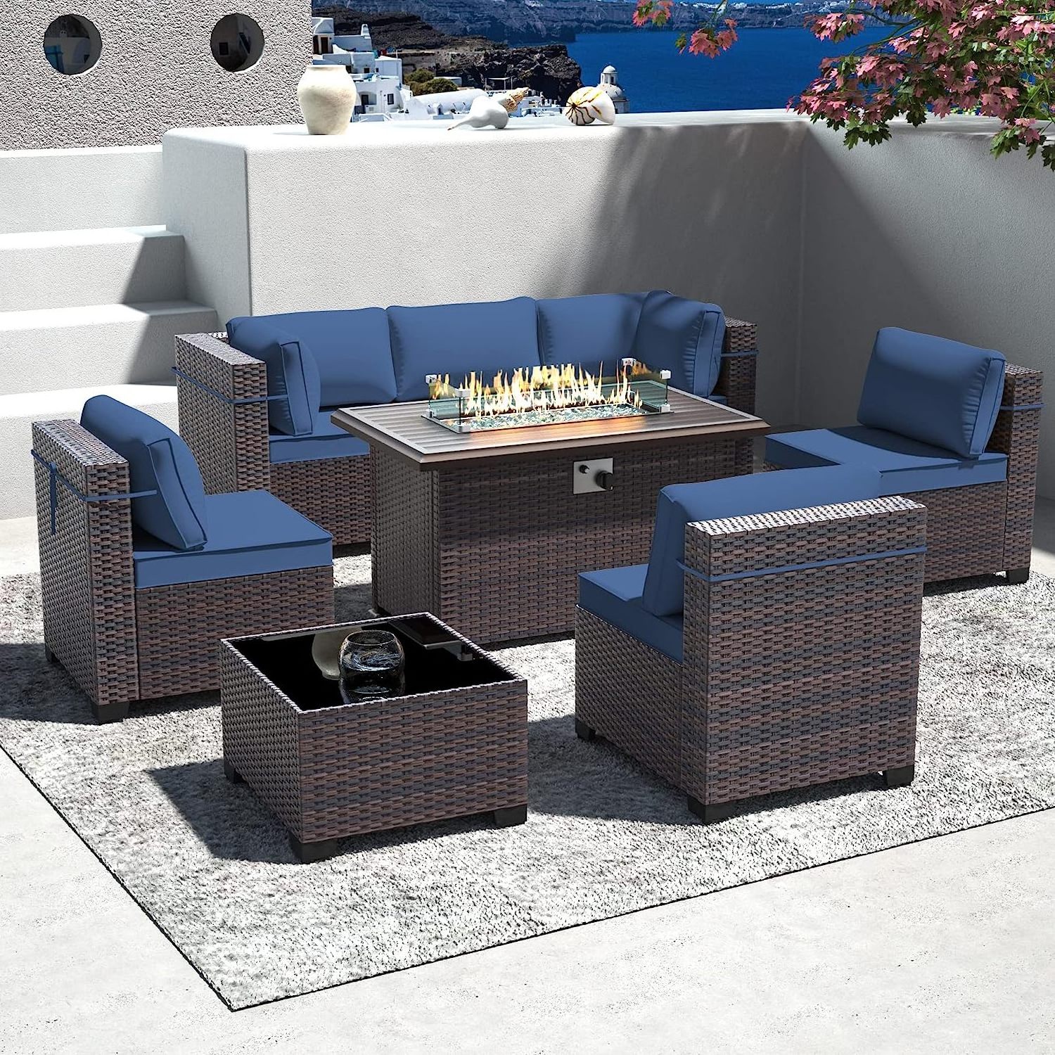 Most Popular Lounge Sofa Set Smokeless Propane Fire Pits Rattan Outdoor Furniture Sofa Table Chair Garden Sets