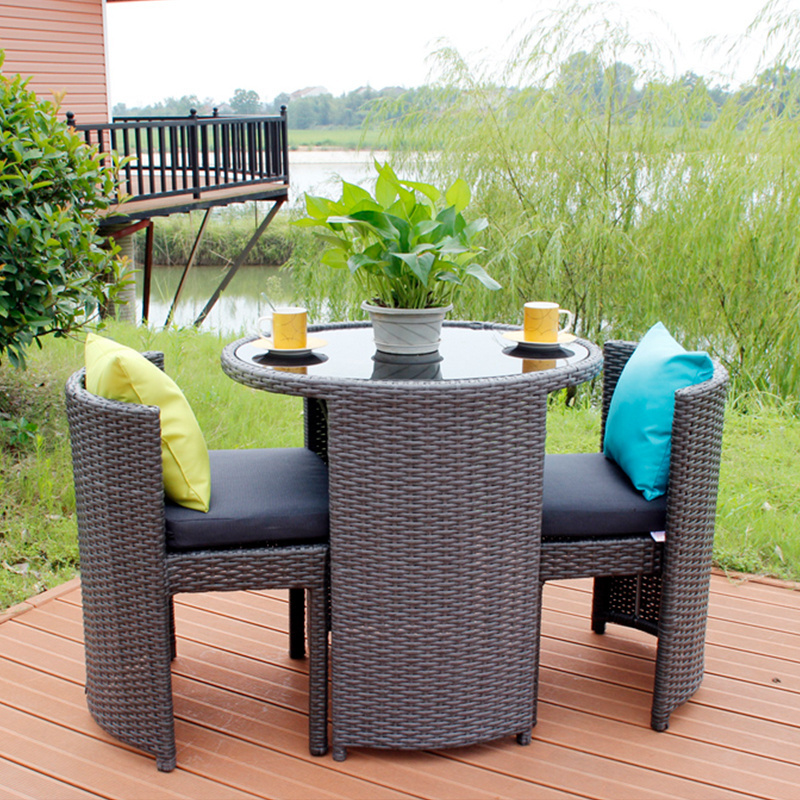 Outdoor Round Small Brown Compact Poly Rattan Folding Metal Space Saving Backyard Sofa Garden Cut Table Set Furniture