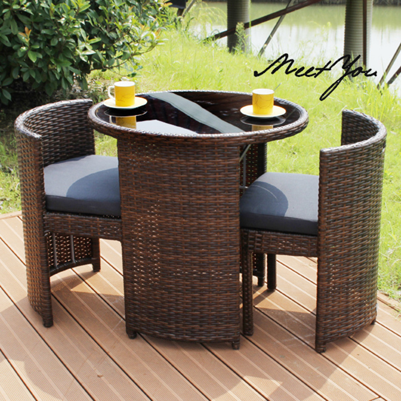 Outdoor Round Small Brown Compact Poly Rattan Folding Metal Space Saving Backyard Sofa Garden Cut Table Set Furniture