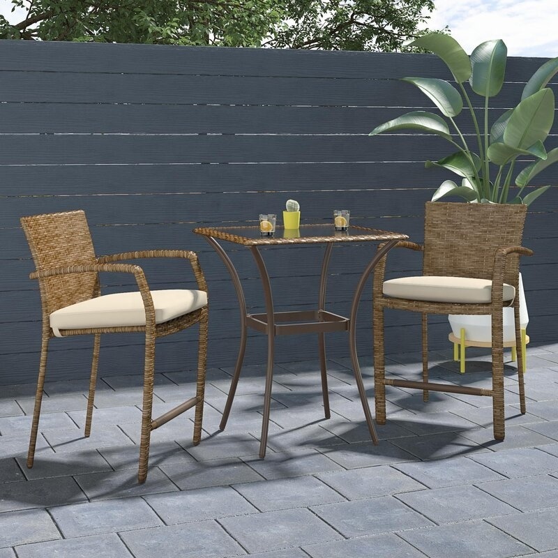 Patio 3 piece bistro cafe table set outdoor wicker rattan furniture garden sofa chair set with cushion