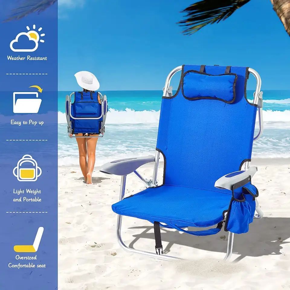 Custom Portable Backpack Beach Chair Wholesale Outdoor Aluminum Folding Beach Chair Collapsible Adjustable Reclining Beach Chair