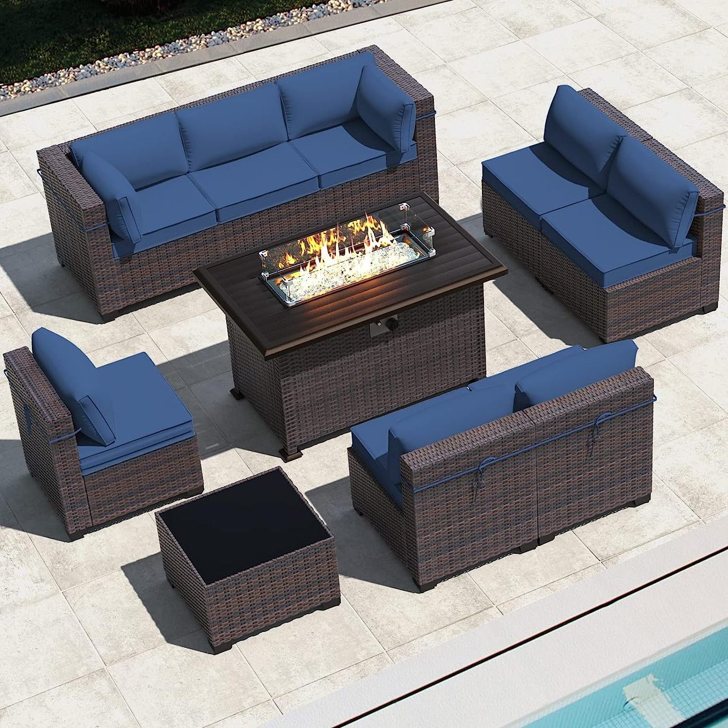 Most Popular Lounge Sofa Set Smokeless Propane Fire Pits Rattan Outdoor Furniture Sofa Table Chair Garden Sets