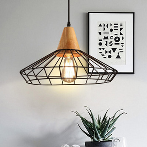 antique vintage edison bulb metal wire mesh kitchen island pendant light iron cage fixture E27 Wood Iron Pendant Lamp