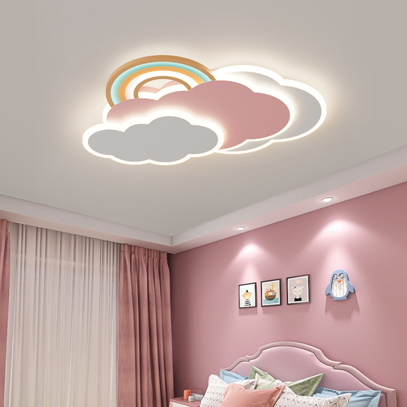 Creative cartoon white pink clouds children's room ceiling lamp warm romantic rainbow bedroom indoor led ceiling light