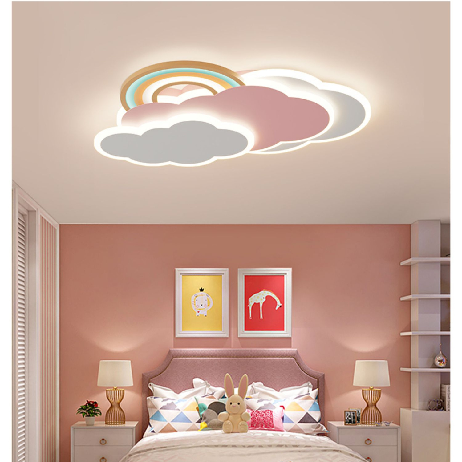 Creative cartoon white pink clouds children's room ceiling lamp warm romantic rainbow bedroom indoor led ceiling light