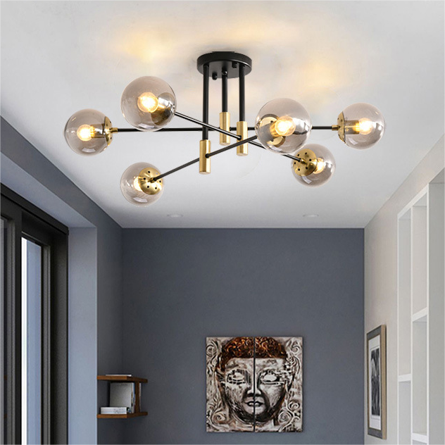 Beautiful multi head dining room bar ceiling light design model amber smoke grey living room e27 ceiling lamp with glass ball