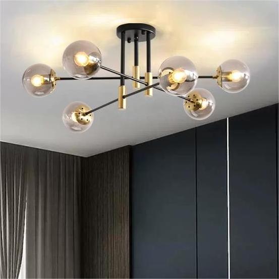 Beautiful multi head dining room bar ceiling light design model amber smoke grey living room e27 ceiling lamp with glass ball