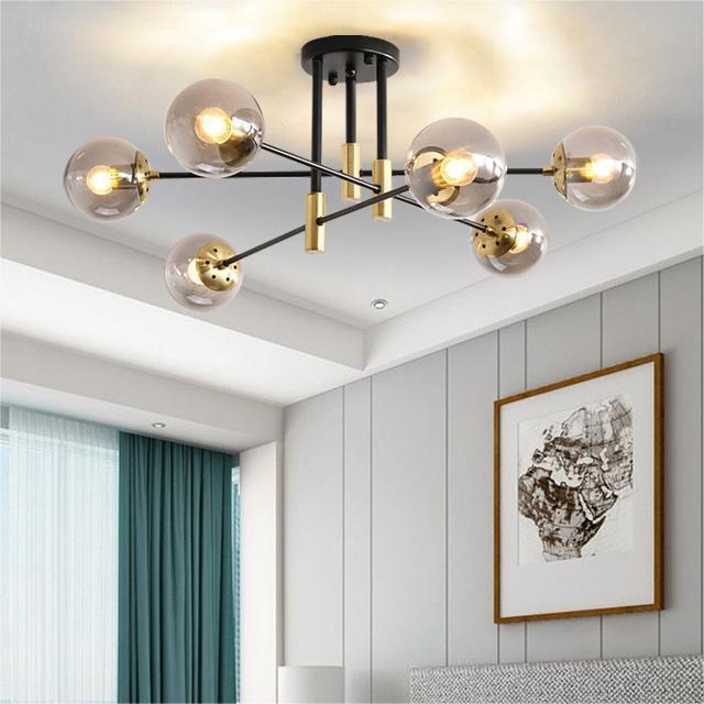 Beautiful multi head dining room bar ceiling light design model amber smoke grey living room e27 ceiling lamp with glass ball