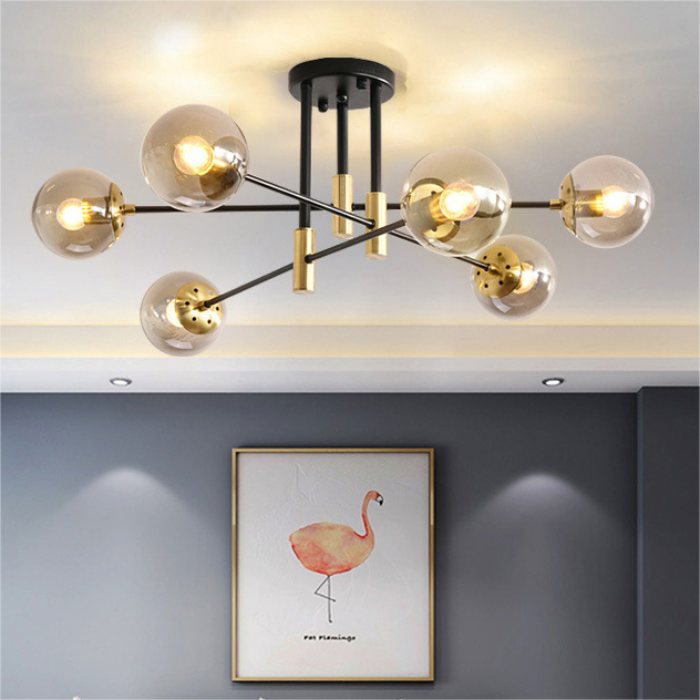 Beautiful multi head dining room bar ceiling light design model amber smoke grey living room e27 ceiling lamp with glass ball