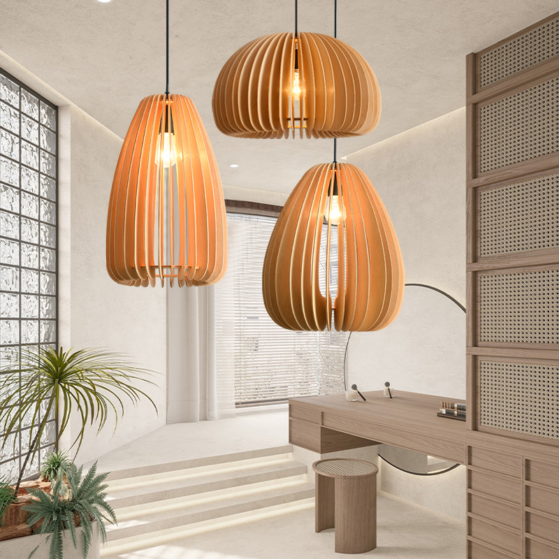 Wooden Lampshade Height Adjustable Ceiling Light E27 Retro Pendant Light Shape Lamp Pumpkin Chandelier Round Wood Pendant Light