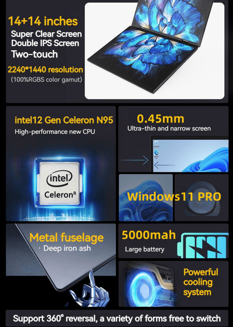 OEM ODM Tablet Laptop 2 in 1 11th Gen YOGA DDR4 Dual screen Notebook Gamer Pc Touch Business Laptop Computer